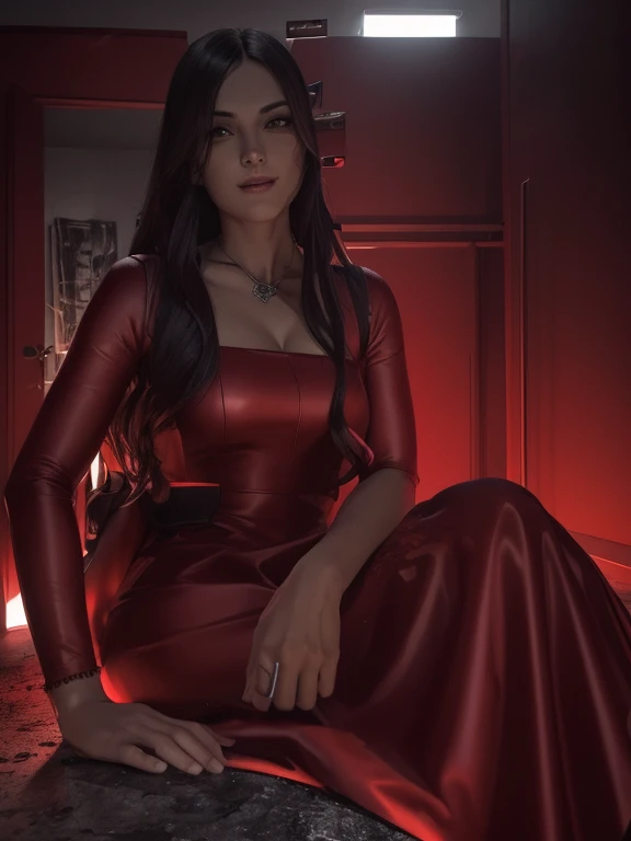 Ultra Detailed Red Body Like Satan on the Throne of Hell, ela-diabo, Vestido preto e vermelho sexy, demon wings, demon horn, olhos realistas detalhados, Context of the chaos of hell and destruction, Evil Queen, staring directly at camera, Smiling with sati...