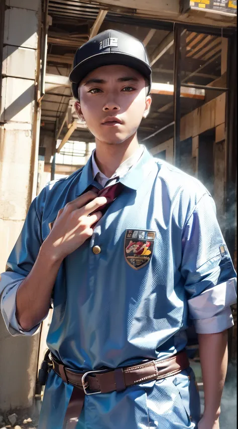 of a man，upperbody closeup，wearing work clothes、hip-hop costumes，abandoned factory building in the background