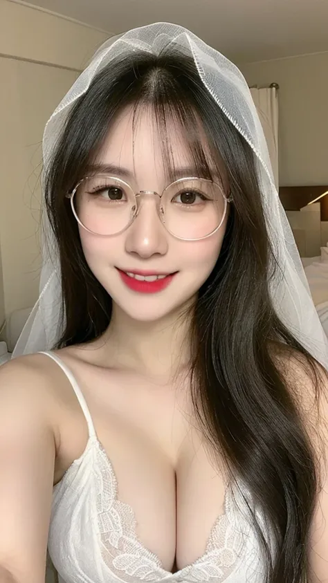 ((realistic, pale white skin:1.3,high resolution:1.3)), 1 girl with perfect figure, thin round glasses, smile, super fine face and eyes, long hair, white lace veil: 1.2 , in bedroom, sit on the bed, gigantic breasts, exposed cleavage