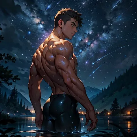 Muscular boy flexing in front of a dynamic dark low light starry sky in a lake naked dripping with hot sweat and ass and back, fireflies