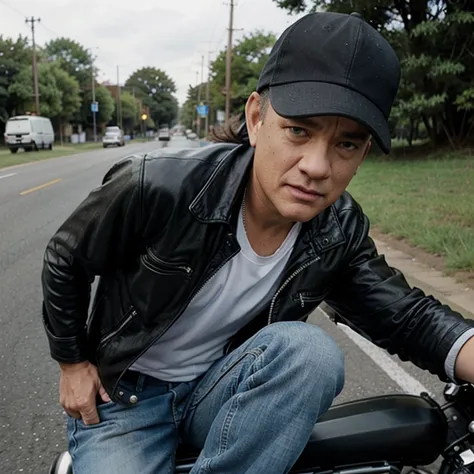 Tom Hanks as rocker biker on the road in black baseball cap and jeans