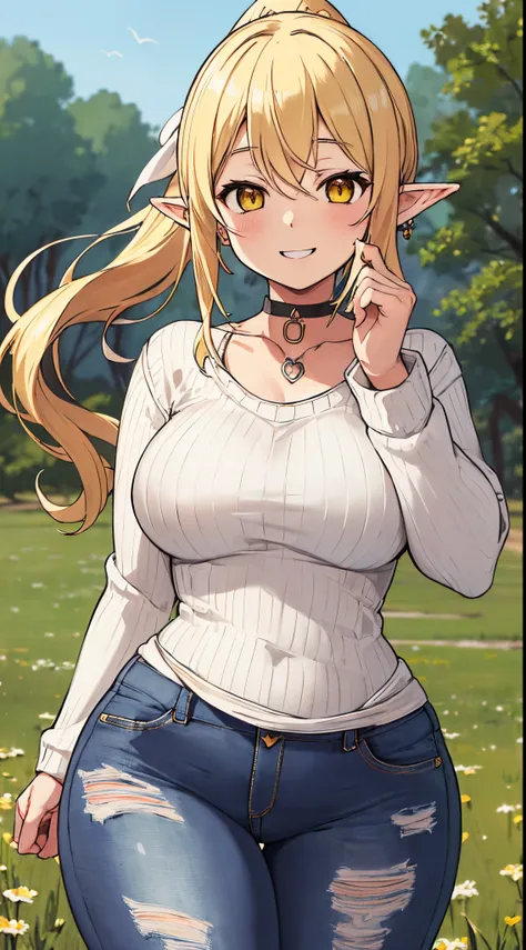 masterpiece, best quality, highres, ((Slim thicc waifu:1.3)), large breasts, elf, yellow eyes, blonde hair in short high ponytail, (black choker), (White sweater), jewelry, (ripped skinny jeans), long sleeves, cowboy shot, standing, field, smile, hands on ...