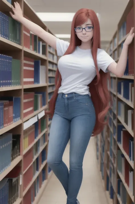 18 year old nerdy American girl, Alyson Hannigan, (long legs:0.9), (tall:0.9), thin, slim, glasses, very long wavy hair, extremely long wavy hair, library, bookshelves, plain t-shirt, long white t-shirt, denim jeans, clothed, (colossal breasts:1.15), (mass...