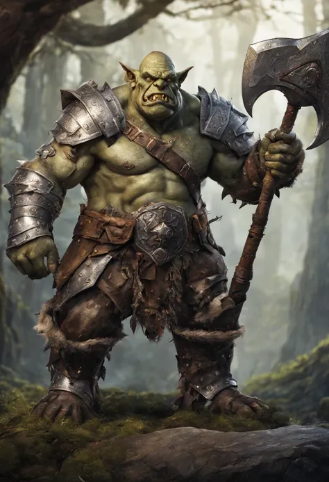 Ugly ogre, not an orc, in silver armor holding a large axe