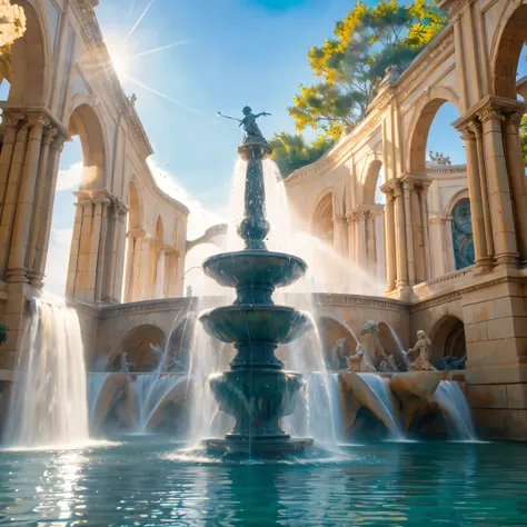 Huge and beautiful epic fountains,above the ground, fountains, flowing water, real water quality, sunlight, beautiful views, shocking, many watching, epic moments, perfect paintings