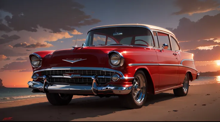 Red car with white 57 Chevy details and beach and boats and yachts at sunset near Syd Mead