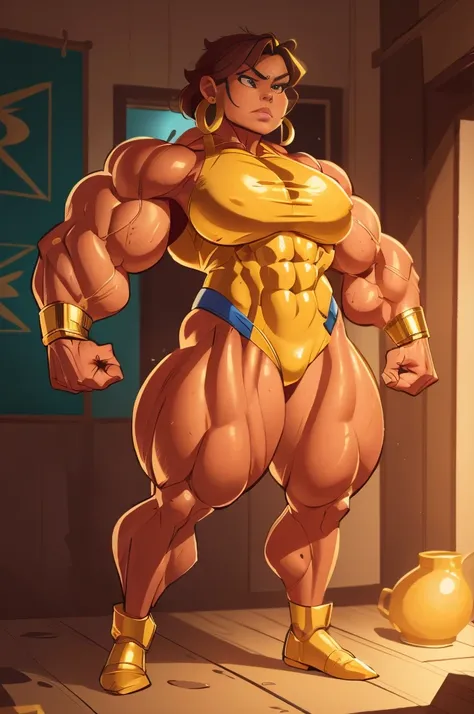 Mexican muscle woman flexing muscles wearing gold superhero outfit, muscle woman, big muscles, huge muscles, massive muscles, mature woman