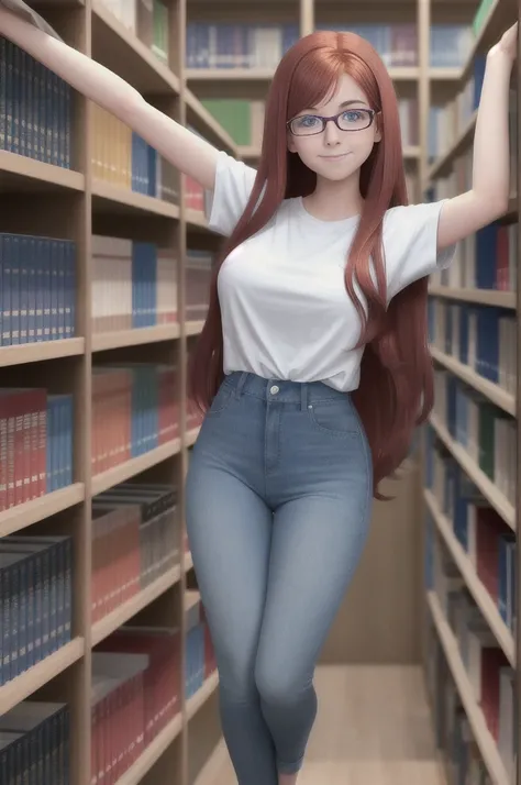 18 year old nerdy American girl, Alyson Hannigan, (long legs:0.9), (tall:0.9), thin, slim, glasses, very long wavy hair, extremely long wavy hair, library, bookshelves, plain t-shirt, long white t-shirt, denim jeans, clothed, (colossal breasts:1.1), (massi...