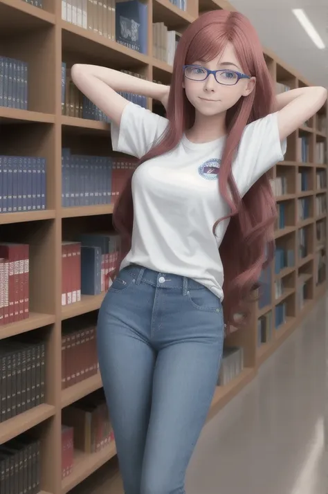 18 year old nerdy American girl, Alyson Hannigan, (long legs:0.9), (tall:0.9), thin, slim, glasses, very long wavy hair, extremely long wavy hair, library, bookshelves, plain t-shirt, long white t-shirt, denim jeans, clothed, (colossal breasts:1), (massive...