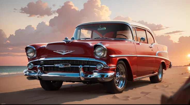 Red car with white 57 Chevy details and beach and boats and yachts at sunset near Syd Mead