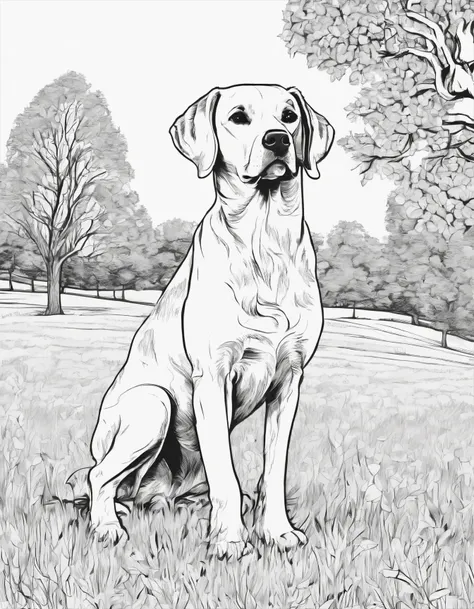 Brittany dog standing in a field by a tree, high quality, high detail, for coloring page, no shading