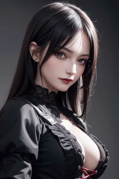 absurderes, masutepiece, Best Quality, nffsw, 1girl in, Mature Woman, (Sharp Focus), Villains smile, medium breasts, (Hair on long black background), (grey  eyes), (Detailed eyes), Gothic lace costumes, Black and Red theme, Realism, Black_castle, Ultra-det...