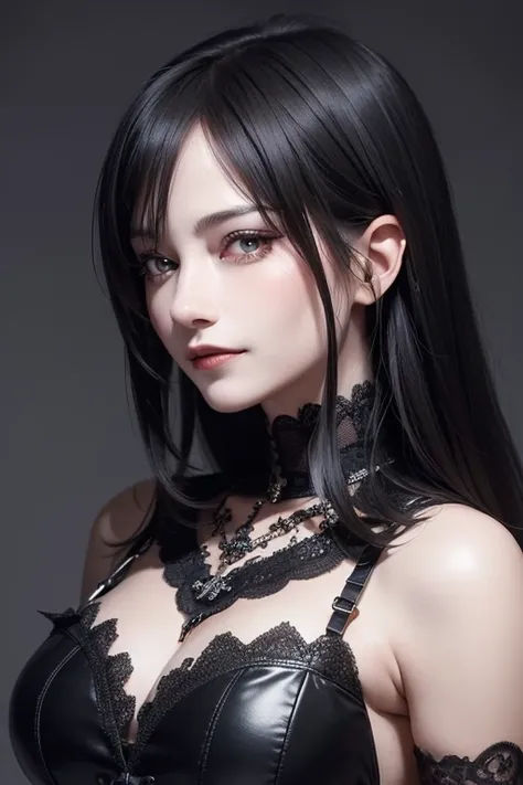 absurderes, masutepiece, Best Quality, nffsw, 1girl in, Mature Woman, (Sharp Focus), Villains smile, medium breasts, (Hair on long black background), (grey  eyes), (Detailed eyes), Gothic lace costumes, Black and Red theme, Realism, Black_castle, Ultra-det...