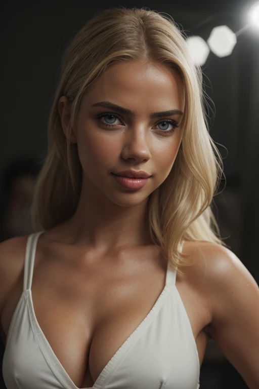 (RAW photo) night scene, close up photo of a sexy girl,portrait, posing, looking at viewer, smiling, blond hair in a ponytail, (green eyes:0.8), cute face, ((Adriana Lima)), little nose, 24 yo, soft volumetric lights, soft key and fill lighting, (backlit:1...