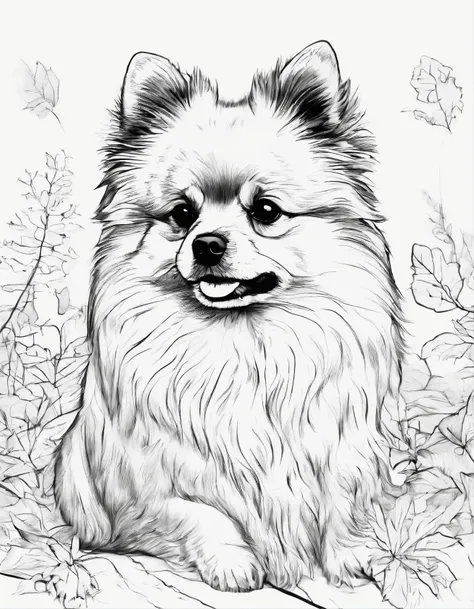 Pomeranian dog sitting outside, for coloring page, high quality, black and white, no shading