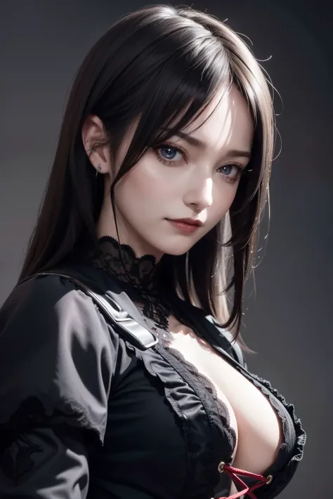 absurderes, masutepiece, Best Quality, nffsw, 1girl in, Mature Woman, (Sharp Focus), Villains smile, medium breasts, (Hair on long black background), (grey  eyes), (Detailed eyes), Gothic lace costumes, Black and Red theme, Realism, Black_castle, Ultra-det...