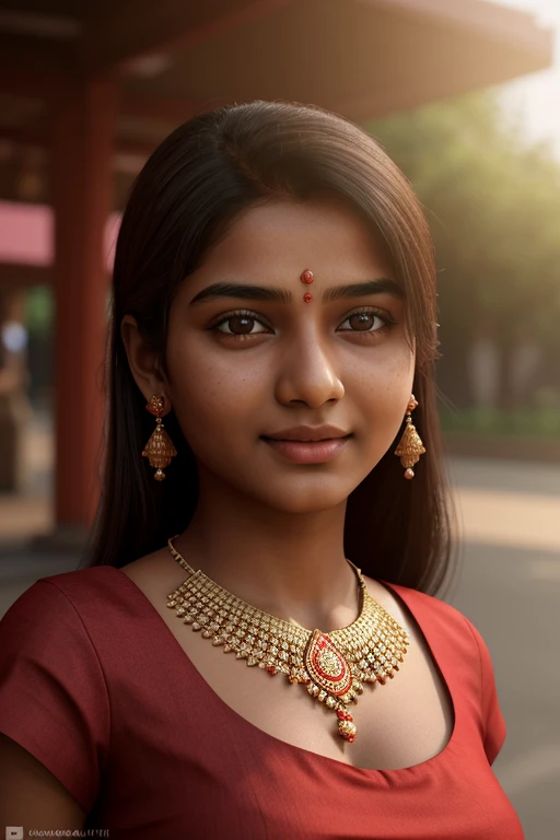 young Indian girl, 18-year-old, red top, gentle lighting, intricate facial details, flawless complexion, top-notch 3D rendering, hyper-realistic, shot on Indian road. photorealistic digital art trending on Artstation 8k HD high definition detailed realisti...