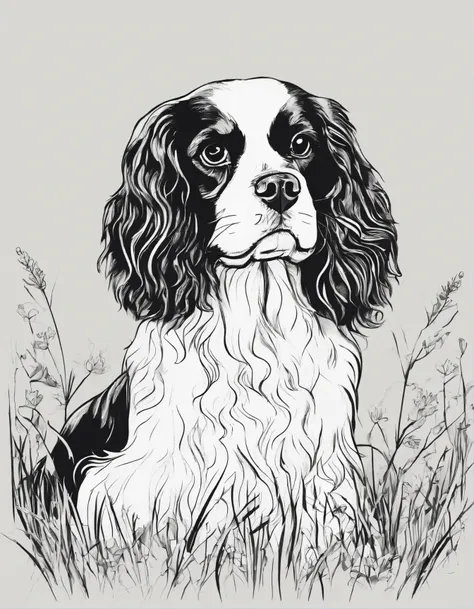 Cavalier King Charles Spaniel in field, for coloring the page, high quality, black and white, no shading