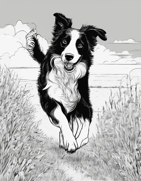 Border Collie running in a field, for coloring page, high quality, black and white, no shading, line art