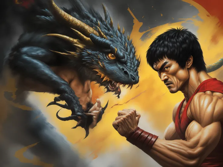 bruce lee,dreadful and powerful dragon,brilliant martial artist,legendary fist master,incredible strength and agility,fierce expression,sharp and piercing eyes,ripped muscles,ripped six-pack abs,martial arts icon,superhuman speed and precision,unstoppable ...