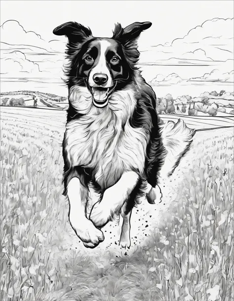 Border Collie running in a field, for coloring page, high quality, black and white, no shading, line art