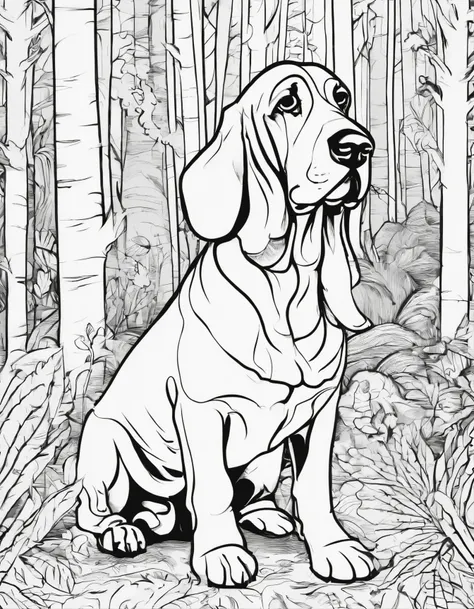 Basset Hound in a forest, for coloring page, line art, high quality, black and white, no shading