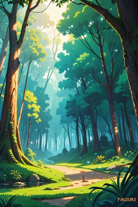 fundo brasileiro da floresta, paisagem florestal, natureza, pintura digital, beautiful digital illustration, fundo fantasia, noi...