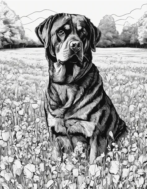 Rottweiler in a field, for coloring page, high quality, black and white, no shading