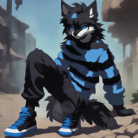 anime character with blue eyes and a striped sweater crouching on a rock, fursona wearing stylish clothes, furry character, generic furry style, furry anime, very very beautiful furry art, furry art, furry fursona, furry art!!!, furry fantasy art, fursona ...