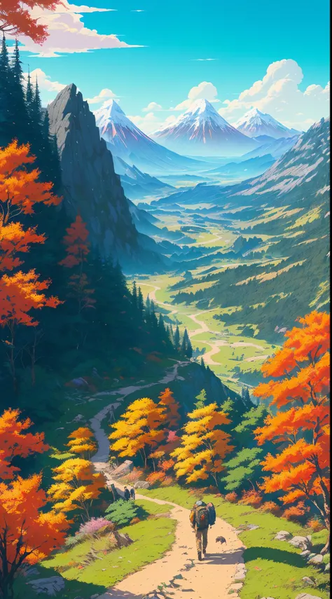 Realistic, real life, beautiful hiking trail with background by greg rutkowski, style of laurie greasley, studio ghibli, akira toriyama, james gilleard, genshin impact, trending pixiv fanbox, acrylic palette knife, 4k, (vibrant colors), (highly saturated),...