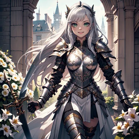 Ultra High Definition,
Ultra High Quality,
Hyper Definition,
Hyper Quality,
Hyper Detailed,
Extremely Detailed,
Perfectly Detailed,
8k, Symmetric
1 girl, Full Body Art
Long Silver Hair,
Full Body Armor, Skirt
Solid Green Eyes, Holding Sword
Cheerful Expres...