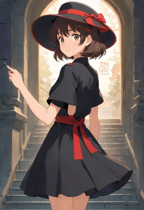 8620 (maitetsu),8620 (uniform),masterpiece, best quality, ultra-detailed, illustration,black dress,hat,looking back,:d,white background,((Eye highlights))