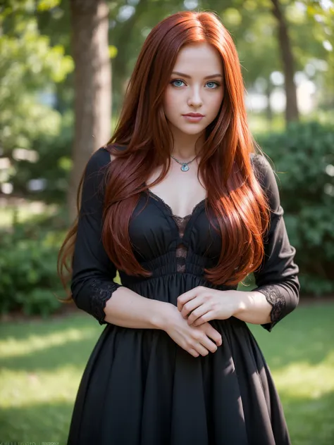 Masterpiece, (((24-year-old redhead girl with charm face, blue eyes, little smile))) soft natural light, (((focus on eyes))) (((sexy dress, black dress, inside big house, jewelry))) entire body in frame (((detailed and realistic image, full-frame DSLR came...