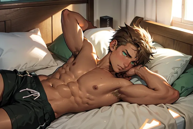 16 year old man, slightly tanned skin, slightly messy light brown hair, green eyes, athletic body, shirtless, black shorts, lying looking up on his bed in his room, with his hands covering his eyes, tired expression