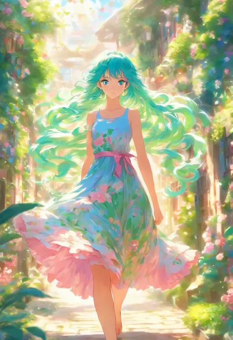 18 yo asia girl walks in a beautyful gaden she has long blue hair and green eyes and wears a sommer dress in pink