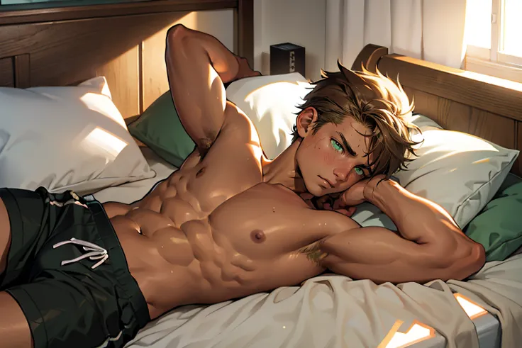 16 year old man, slightly tanned skin, slightly messy light brown hair, green eyes, athletic body, shirtless, black shorts, lying looking up on his bed in his room, with his hands covering his eyes, tired expression