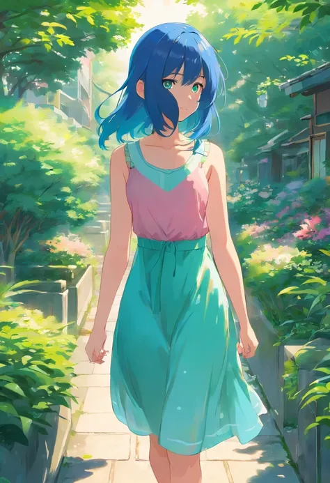 18 yo asia girl walks in a beautyful gaden she has long blue hair and green eyes and wears a sommer dress in pink