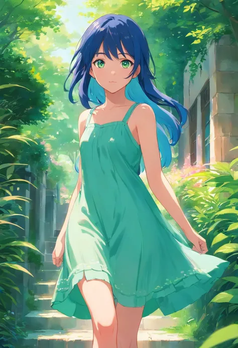 18 yo asia girl walks in a beautyful gaden she has long blue hair and green eyes and wears a sommer dress in pink