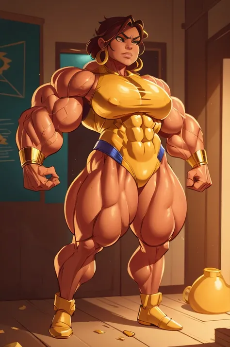 Mexican muscle woman flexing muscles wearing gold superhero outfit, muscle woman, big muscles, huge muscles, massive muscles, mature woman