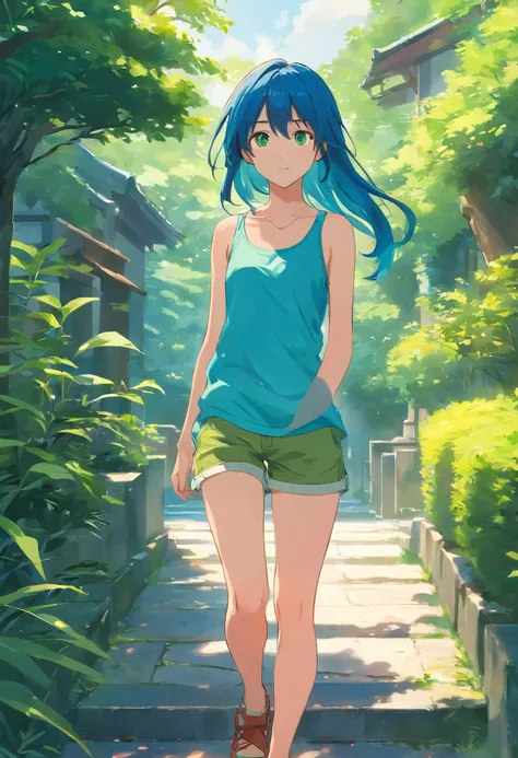 18 yo asia girl walks in a beautyful gaden she has long blue hair and green eyes tank top and shorts