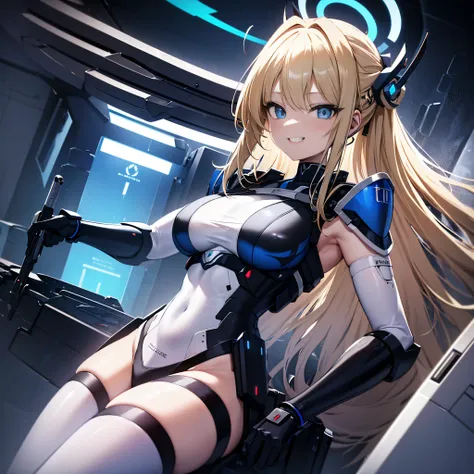 (8k,raytracing,1 girl, solo, Asuma_Toki), Blue_Archive, mature woman, gorgeous girl, blonde hair with colourful tips, long hair, hair between eyes, side bangs, grin, evil grin, medium breasts, cool hairpin accessory, futuristic halo above head, red and bla...