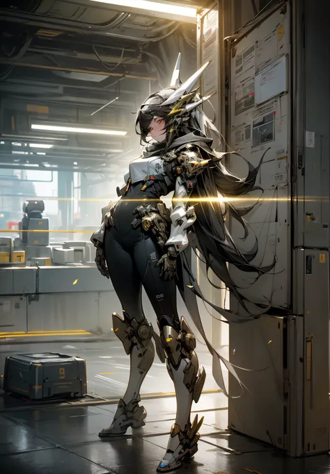 ((Best Quality)), ((Full Body Shot)), ((Masterpiece)), (Very Detailed:1.3), 3D, Shitu-mecha, Beautiful cyberpunk woman with her Golden mech flying in 2200 city, Ancient technology, HDR (High Dynamic Range), ray tracing, NVIDIA RTX, super resolution, unreal...