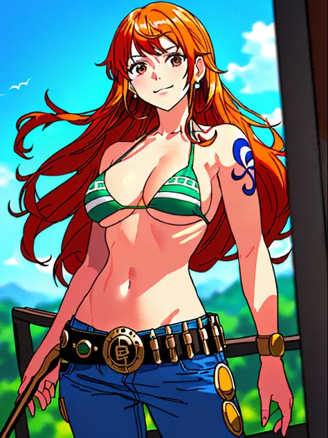 (little biceps), lean forward, masterpiece, (low saturation), cold colors , jiggly breasts, jumping, highest quality, 1girl, solo, nami (one piece), 1girl, bangl, detailed arms, little biceps, flexing arm muscles, bangs, bare shoulders, belt, bikini, bikin...