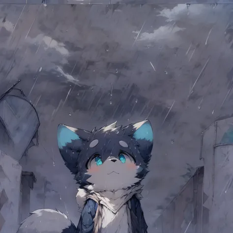 cute.fluffy.it is raining. looking up the sky.schoolboy.eblue eyes.man