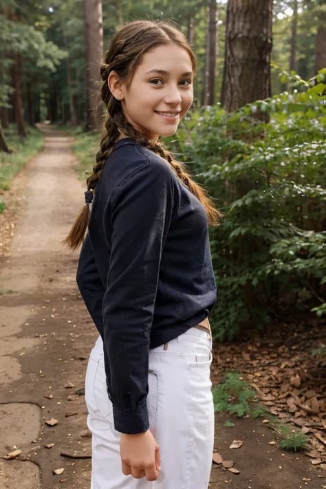 casual clothing, white girl, schoolgirl 14 years old, jeans, braided hair in two braids, brown hair, smile, brown eyes, forest, from behind