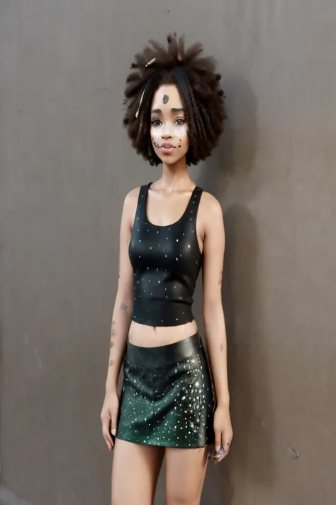 Gir with vitiligo around her eyes and neck. Brown skin and short afro. A bit chubby wearing a short black leather skirt and dark green tank top and what sneakers and spot of vitiligo around her leads and arms Disney 3D pixar