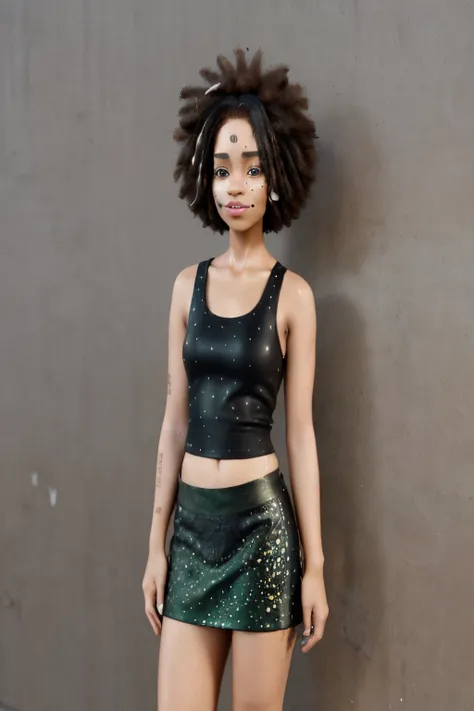 Gir with vitiligo around her eyes and neck. Brown skin and short afro. A bit chubby wearing a short black leather skirt and dark green tank top and what sneakers and spot of vitiligo around her leads and arms Disney 3D pixar