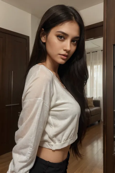 (best quality, realistic:1.37), 1girl, beautiful detailed eyes, beautiful detailed lips, long eyelashe, straight black hair, young woman with brown complexion, slender figure