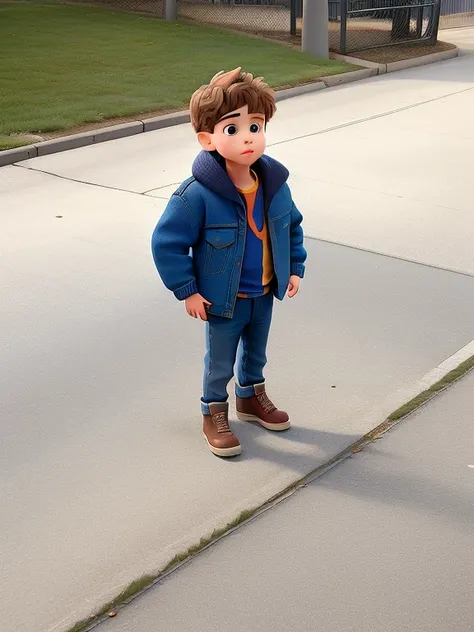 there is a young boy standing on a sidewalk in a blue jacket, four years old, jeans and boots, he has boots, wearing boots, standing on the street, dressed casually, casually dressed, walking at the park, proudly walking down the street, full body picture,...