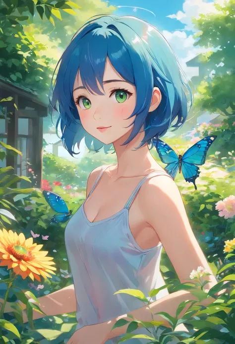 (best quality,4k,highres,ultra-detailed,realistic),a beautiful 18-year-old Asian girl,stunning detailed blue hair,gorgeous green eyes,dressed in a tank top and shorts,walks in a breathtakingly beautiful garden,flourishing with vibrant flowers and lush gree...